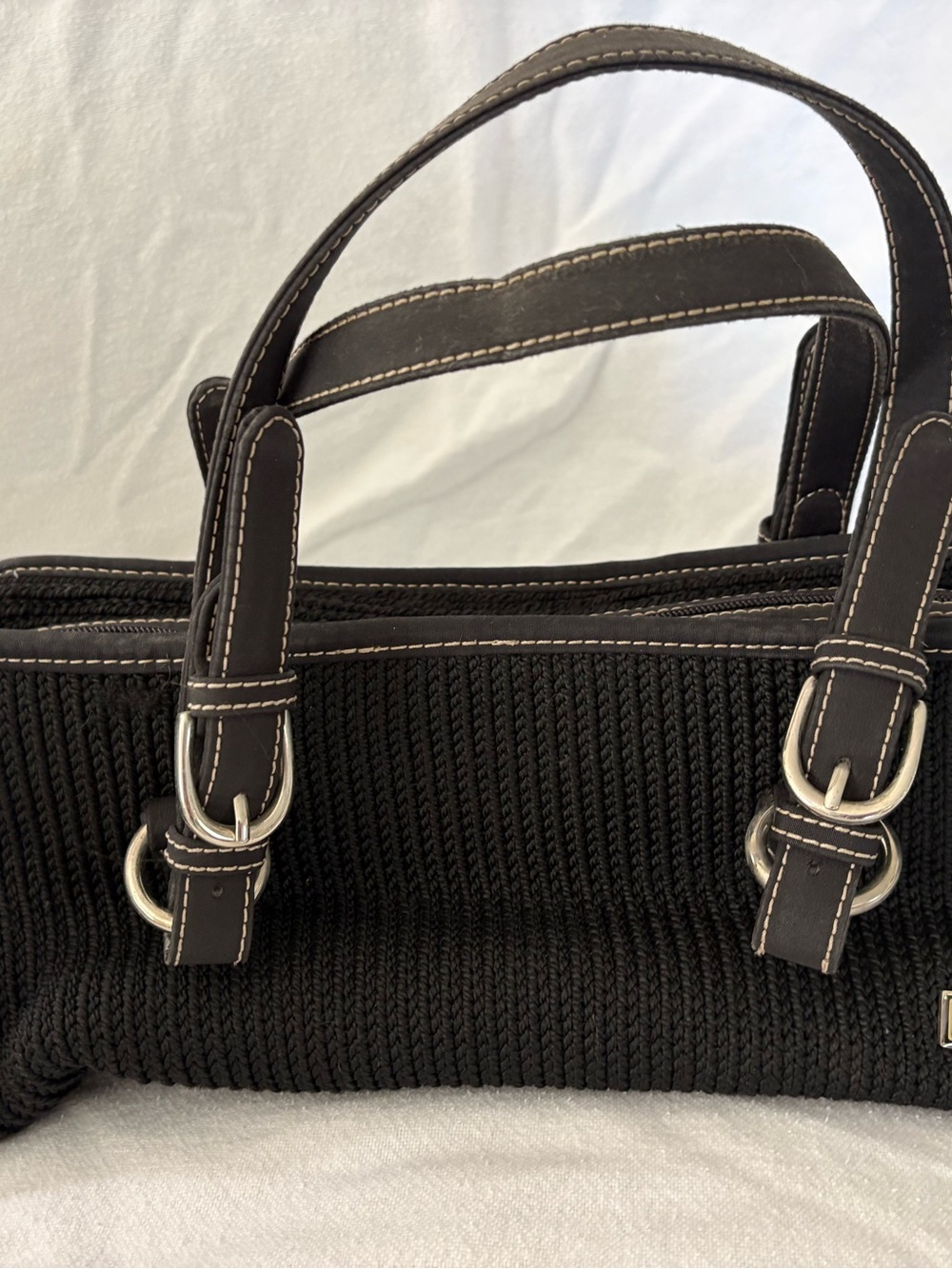 The Sak Black Knit Tote with Contrasting White Stitching